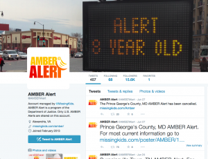 Amber Alert uses Twitter to disseminate information quickly to thousands of followers. 